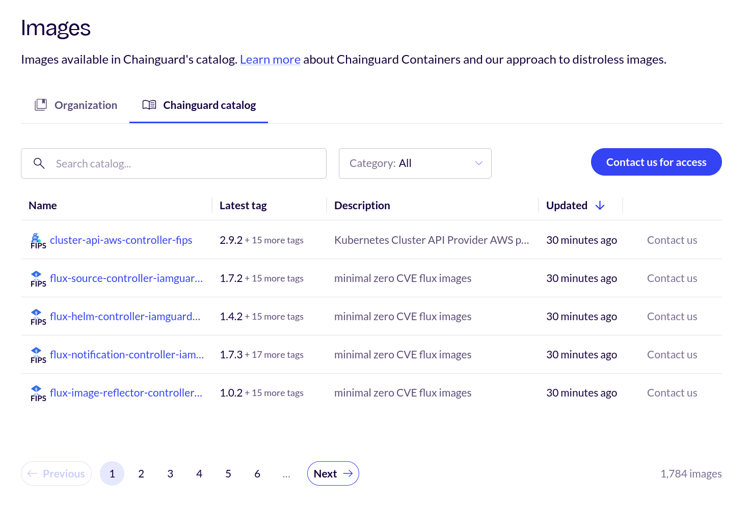 Screenshot of the public container images directory in the Console. The table is sorted by the 'Updated' column in descending order, meaning that the most recently updated container images are shown first.